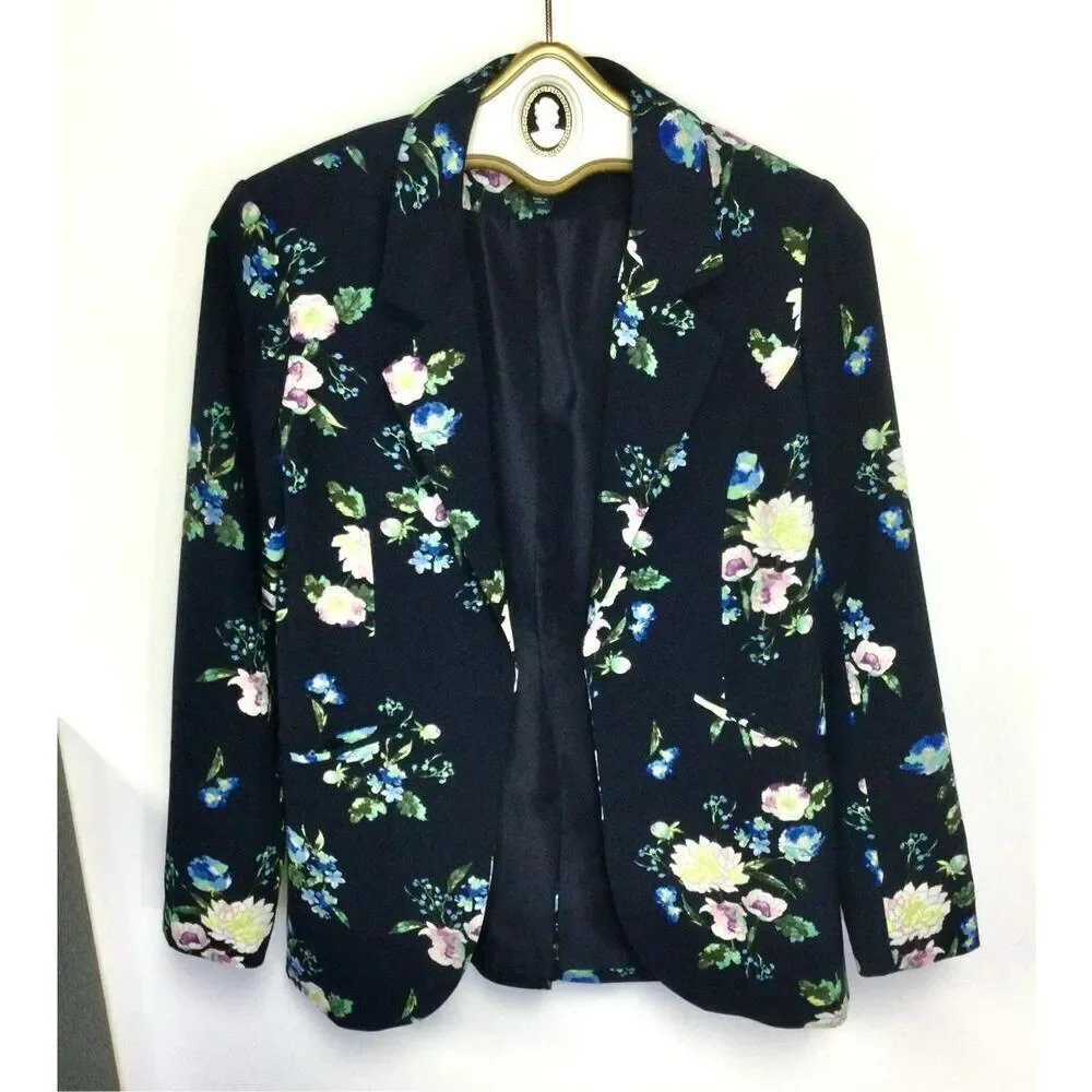Cynthia Rowley Womens Navy Blue Pink Floral Lined Open Front Blazer Size XS